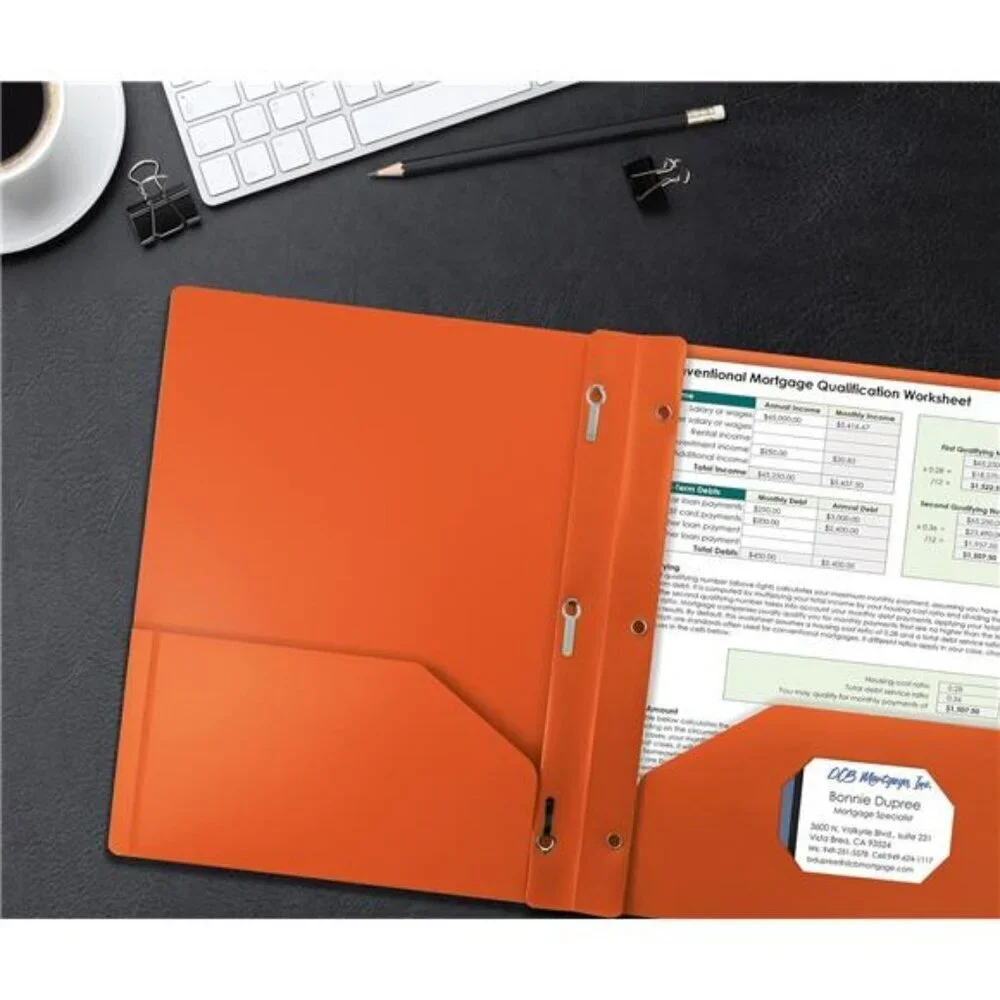Better Office Products Orange Plastic 2 Pocket Folders with Prongs Metal 24 Pack